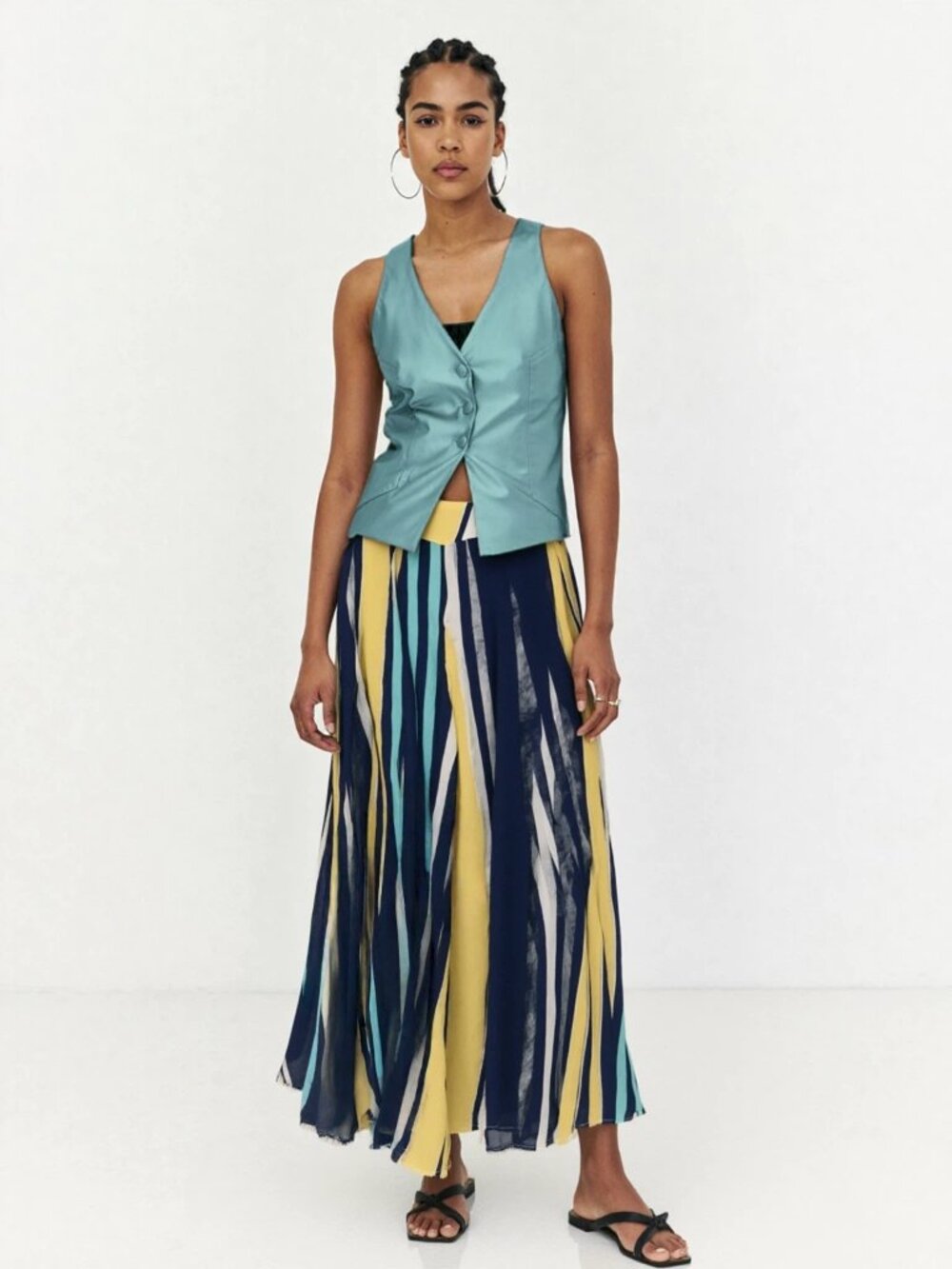 Gracia Striped Wide-Leg Pants with Self-Tie Waist in Navy and Yellow Stripes